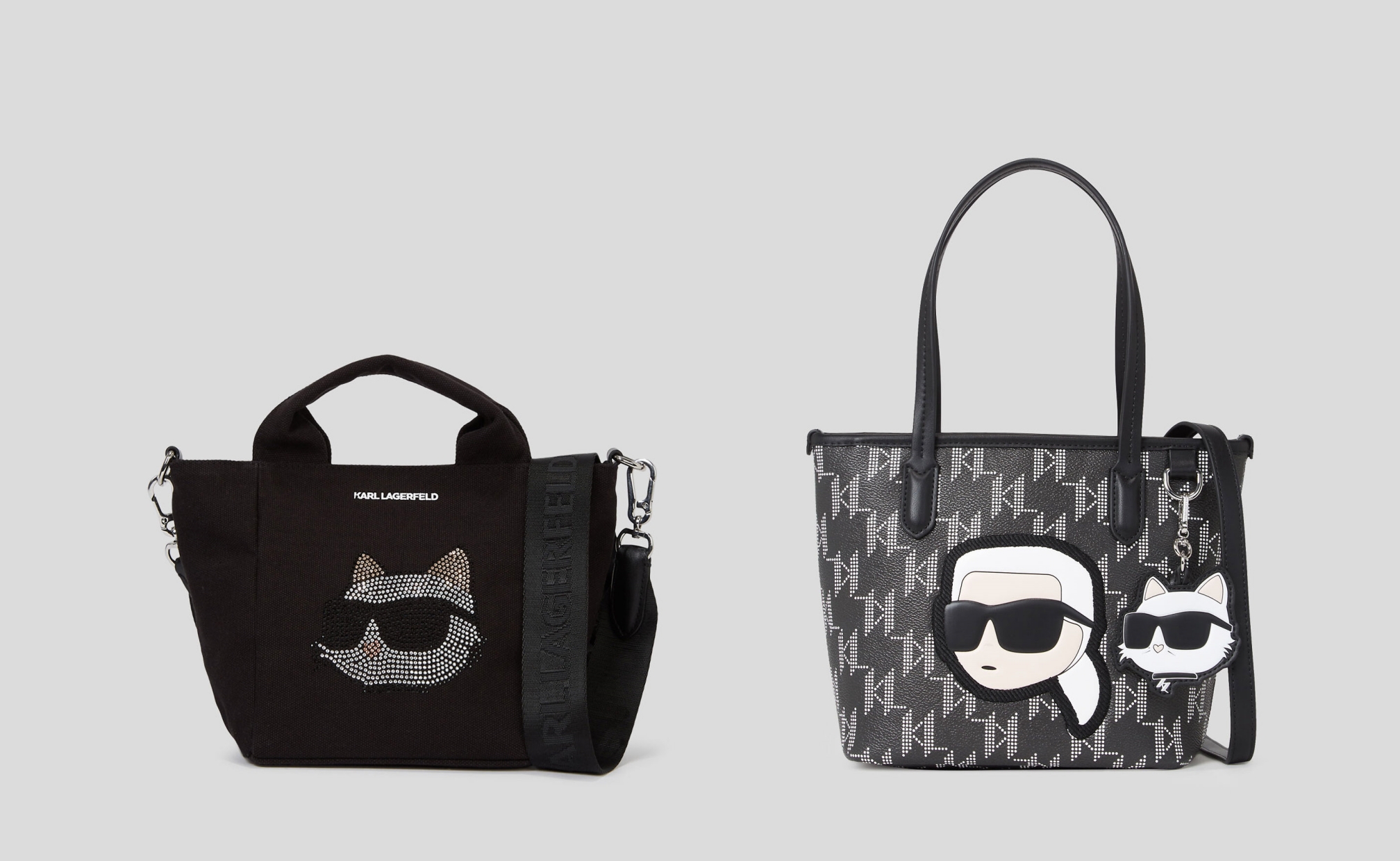 K/Ikon Choupette Rhinestone Mini Shopper (kiri) dan K/Ikon Monogram Small Tote Bag (kanan) (Sumber foto: https://www.karl.com/)