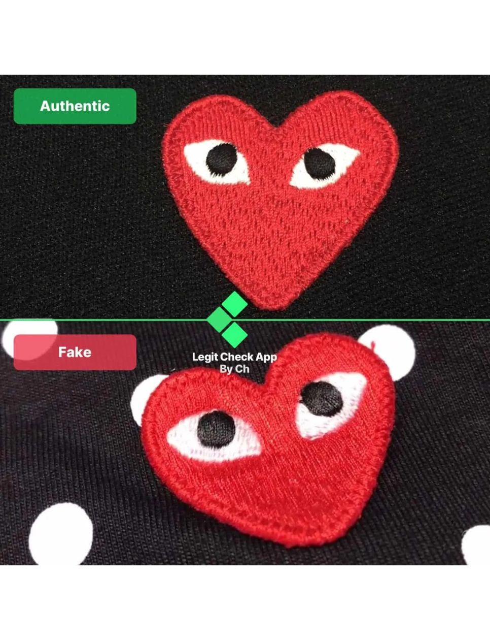 Bentuk logo Heart Comme des Garcons asli dan palsu (sumber gambar: legitcheck.app)