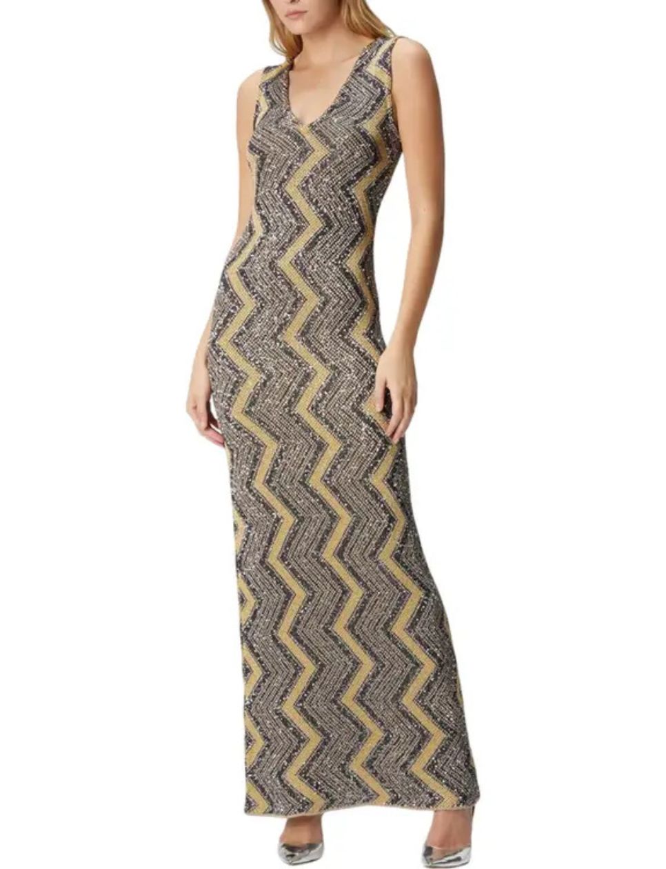 Missoni  Long Zigzag Dress with Plunging Neckline and Sequins Black Gold