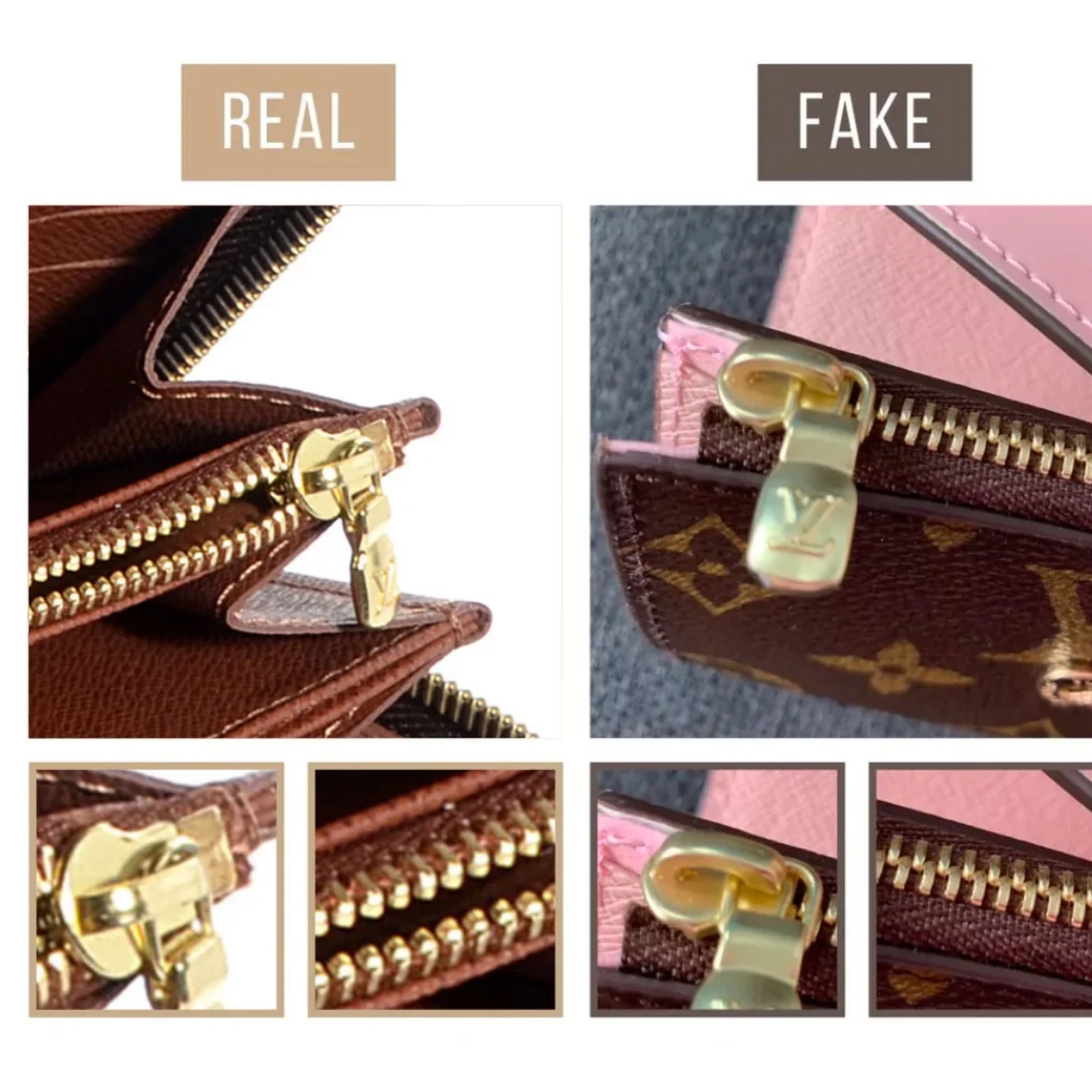 Zipper produk asli dan palsu (Sumber foto: https://legitgrails.com/)