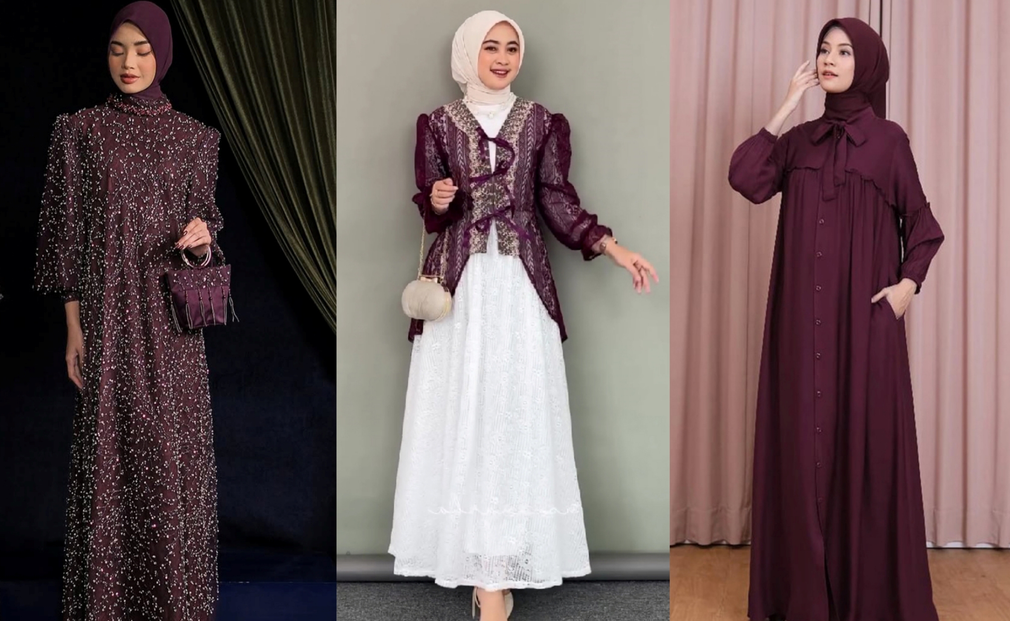 Model mengenakan busana burgundy