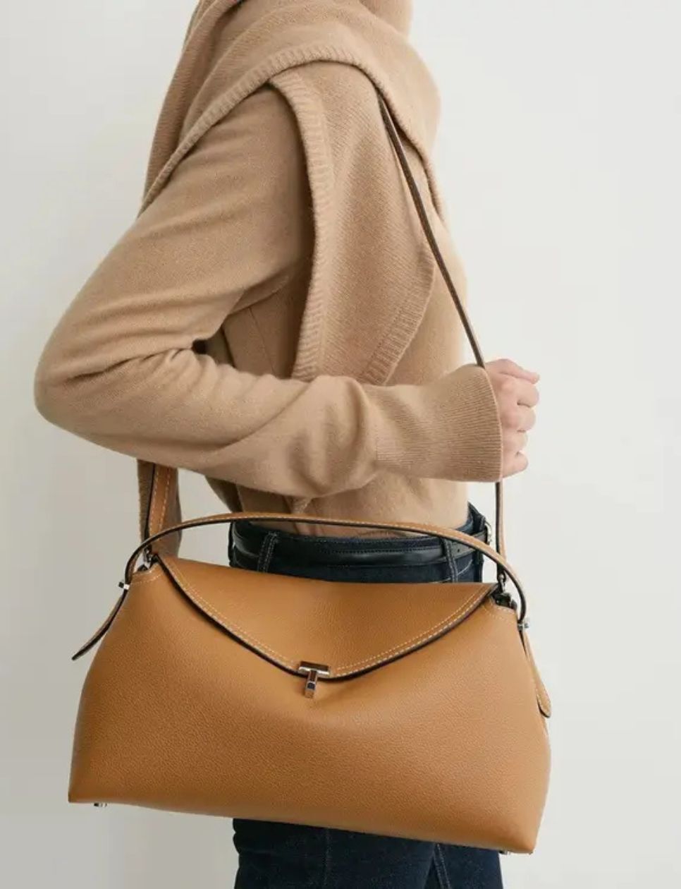 Toteme T-Lock Grained Leather Top Handle Bag Tan