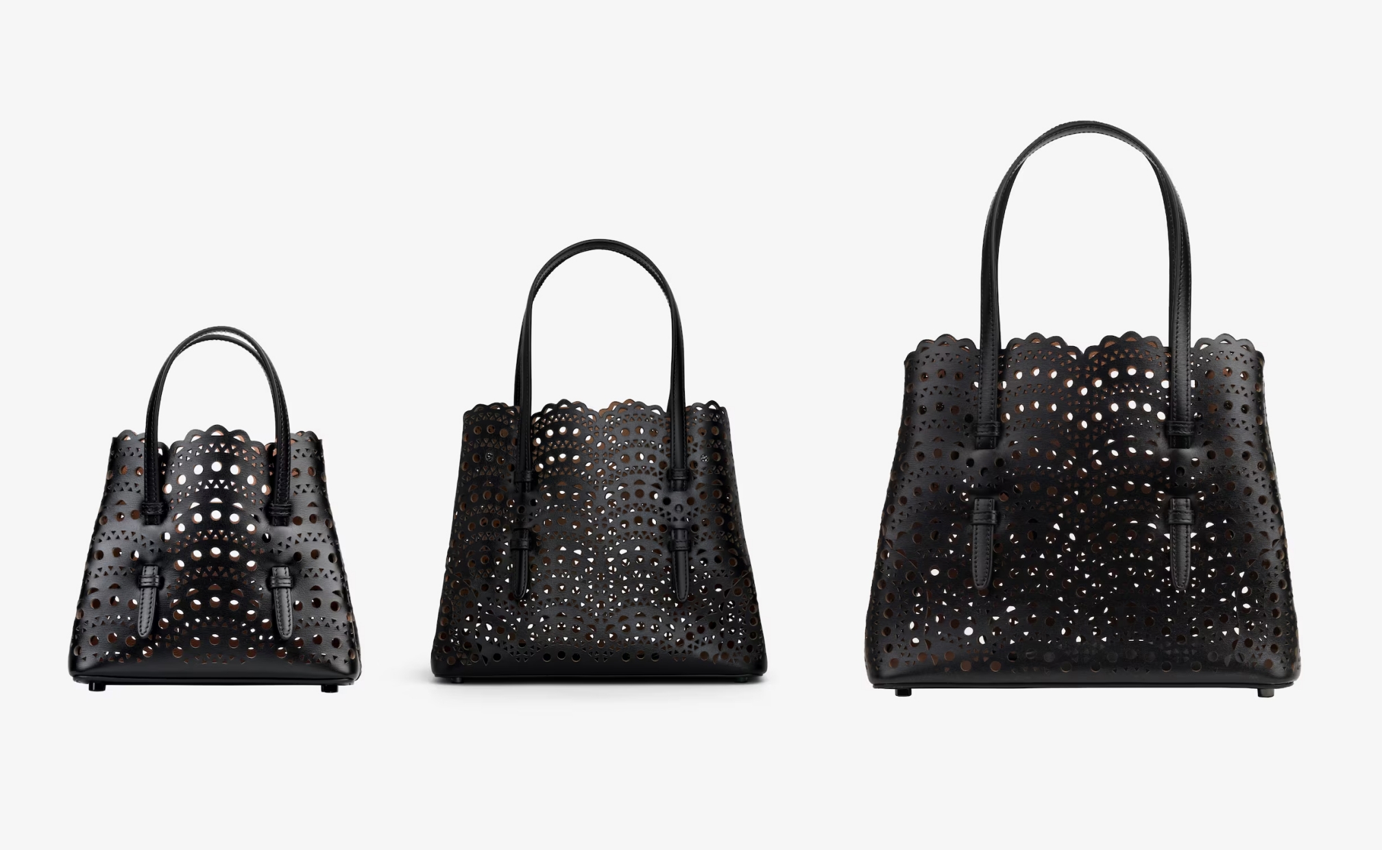 Ukuran tas Mina kiri ke kanan 16, 20, dan 25 (Sumber foto: https://www.maison-alaia.com/, https://www.maison-alaia.com/ dan https://www.maison-alaia.com/)