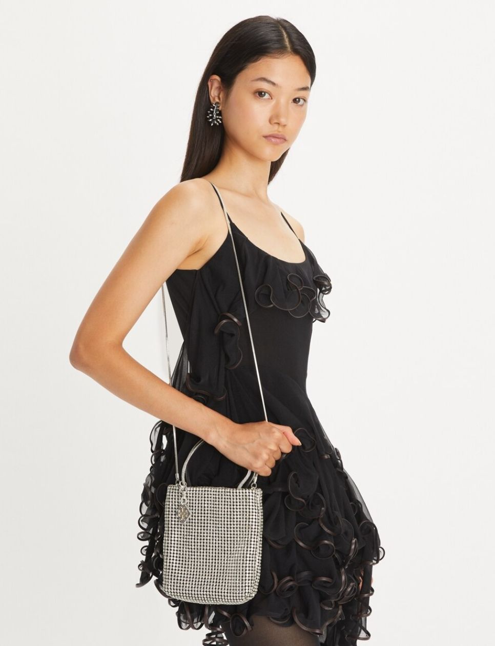 7. Tory Burch Key Item Crystal Embellished Mini Tote Silver