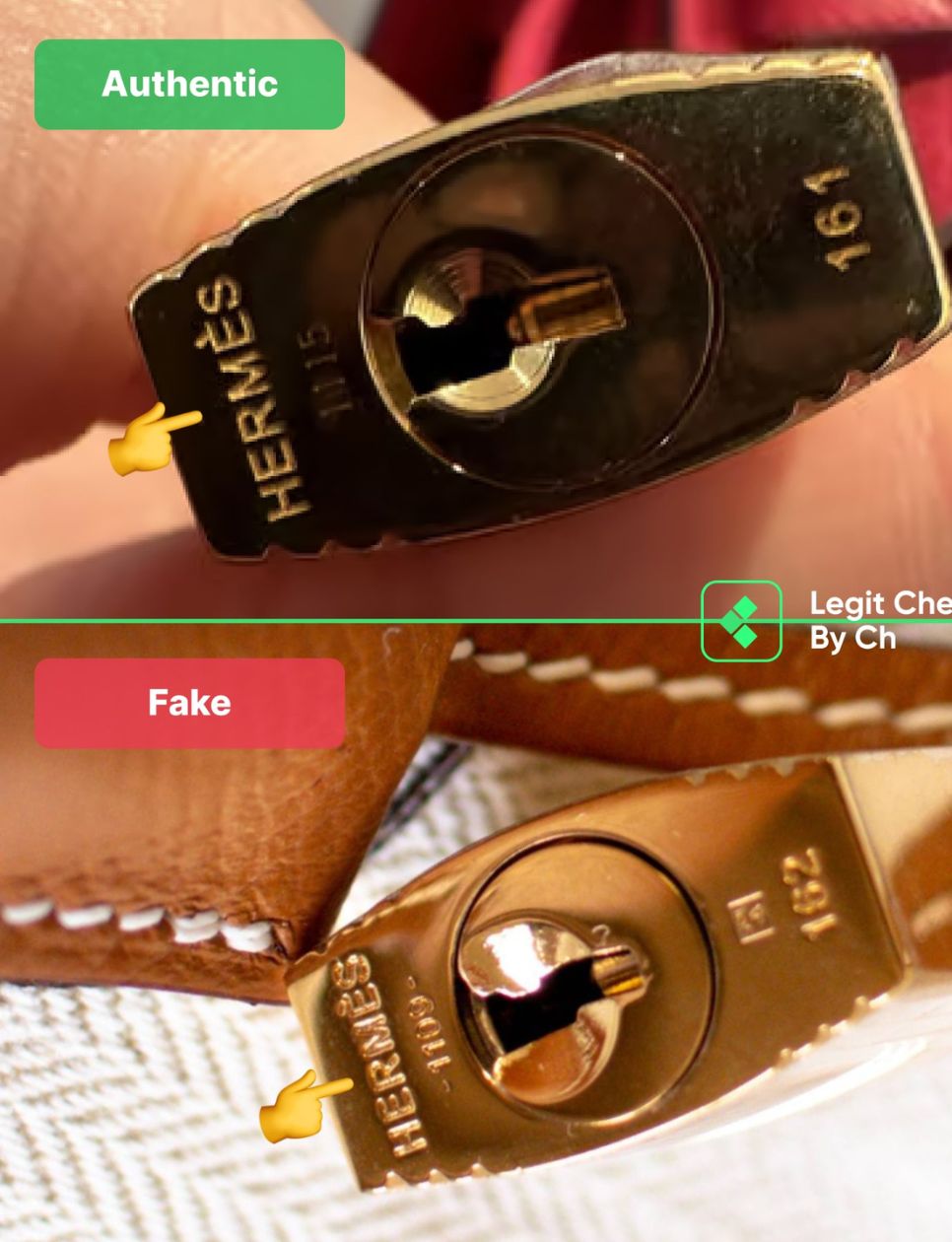 Perbedaan padlock pada tas Picotin asli dan palsu (sumber: https://legitcheck.app/guides/real-vs-fake-Hermès-bag/#11-7-lock)