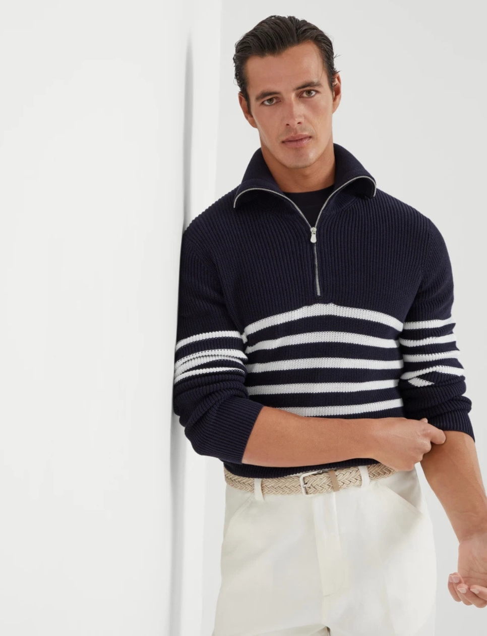 Bruno Cuccineli Cotton half English rib striped sweater with half-zip