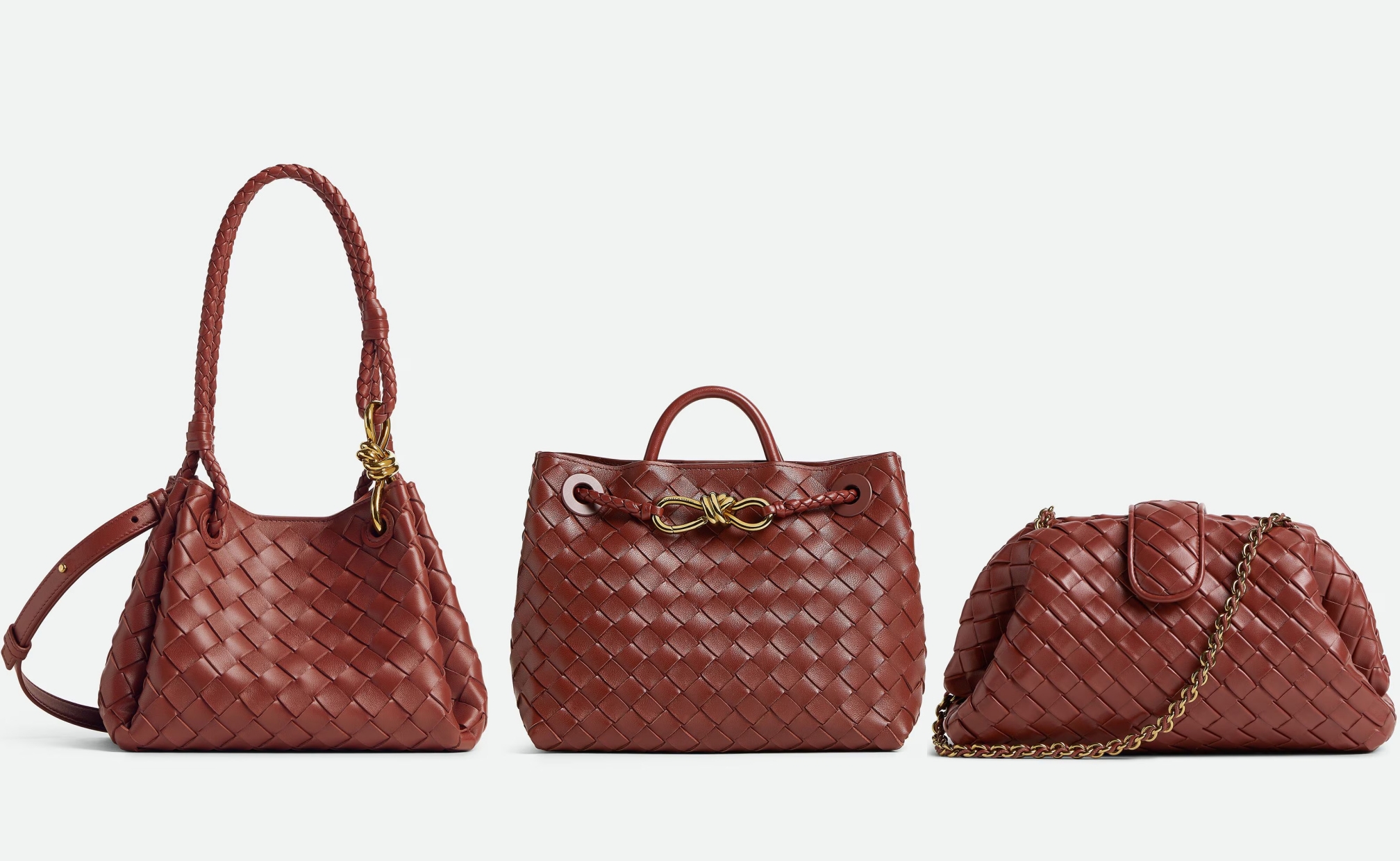 Model tas Bottega Veneta dengan warna sapele (Sumber foto: https://www.bottegaveneta.com/, https://www.bottegaveneta.com/, dan https://www.bottegaveneta.com/)