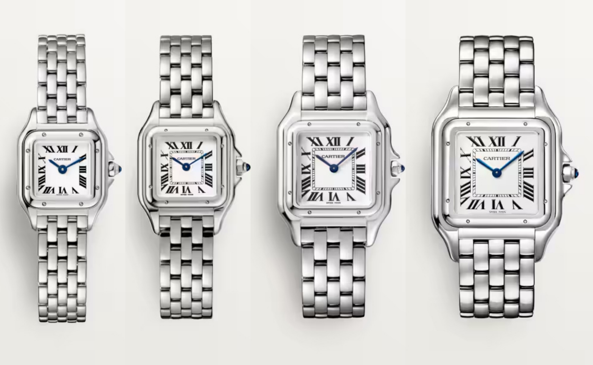 Size jam Mini, Small, Medium, dan Large (Sumber foto: https://int.cartier.com/, https://int.cartier.com/, https://int.cartier.com/, https://int.cartier.com/)