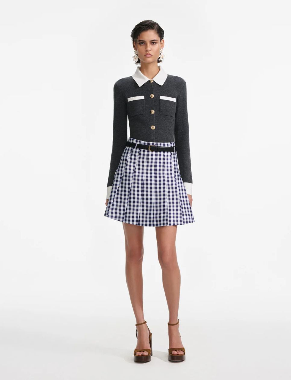 1. Self-Potrait Wool Blend Cardigan with Contrasting Collar Grey