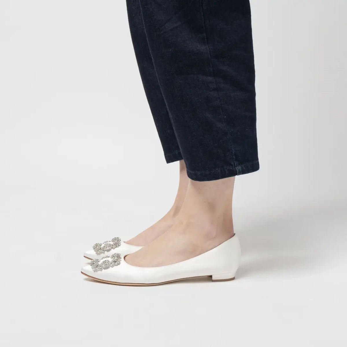 3. Manolo Blahnik Hangisi Flat Satin CLC Crystal Buckle Ballerinas Medium Cream