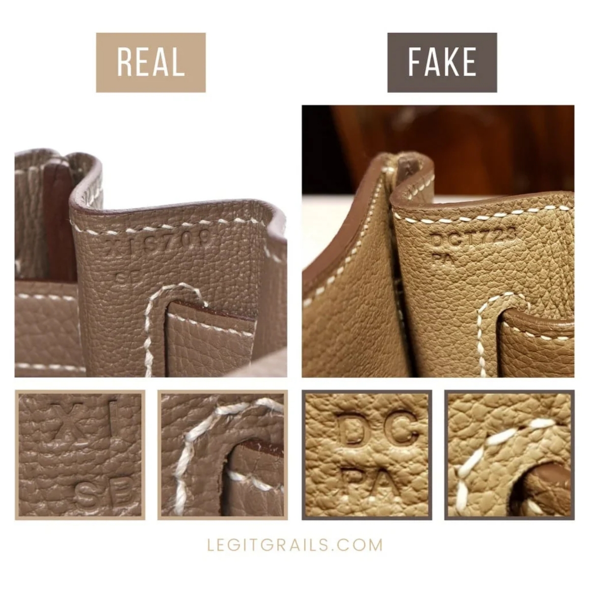 Perbandingan font tas Kelly asli dan palsu (Sumber foto: legitgrails.com)