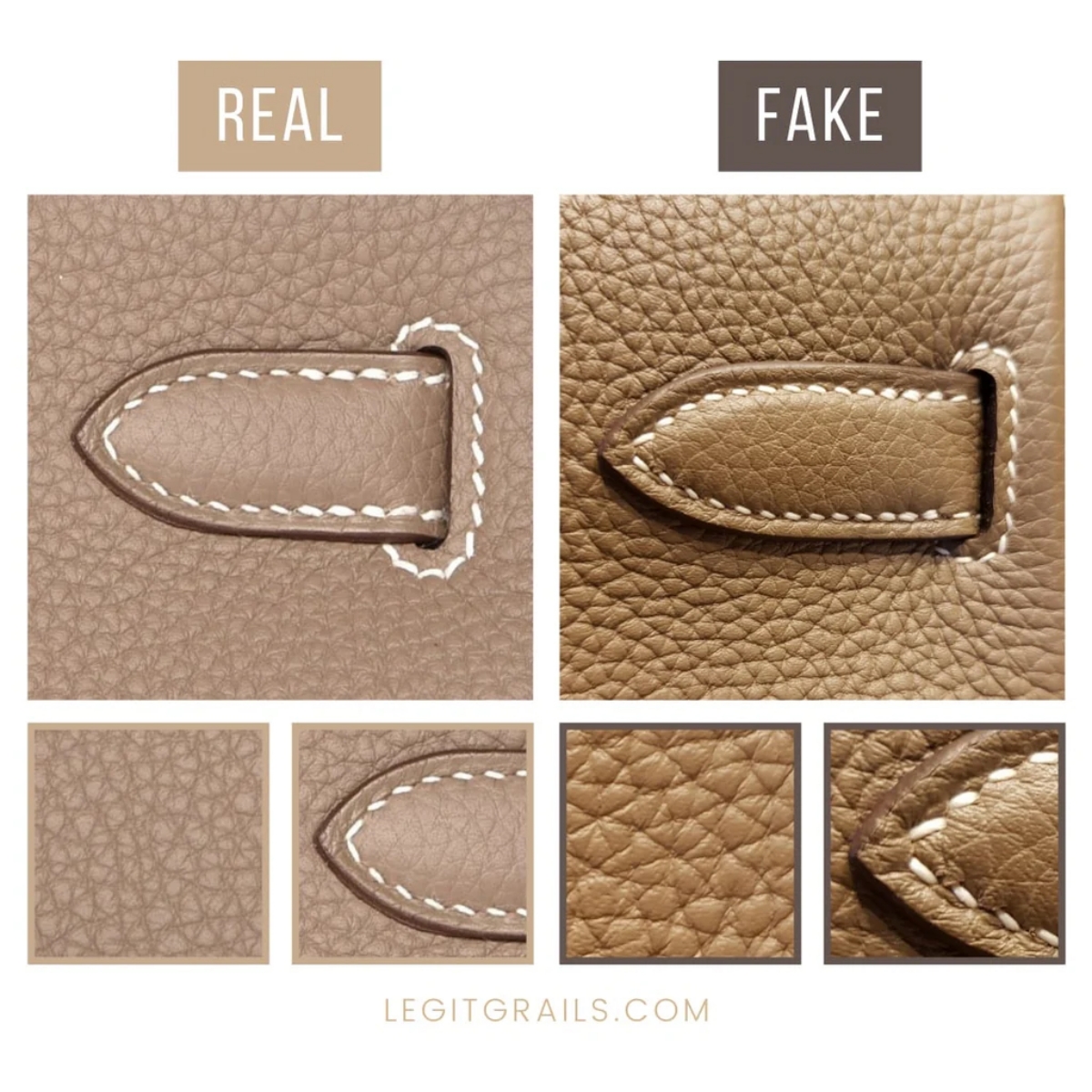 Perbandingan stitching tas Kelly asli dan palsu (Sumber foto: legitgrails.com)