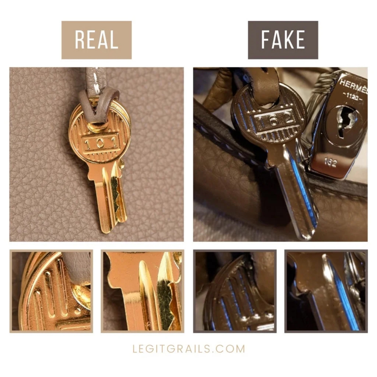 Perbandingan key pada tas Kelly asli dan palsu (Sumber foto: legitgrails.com)