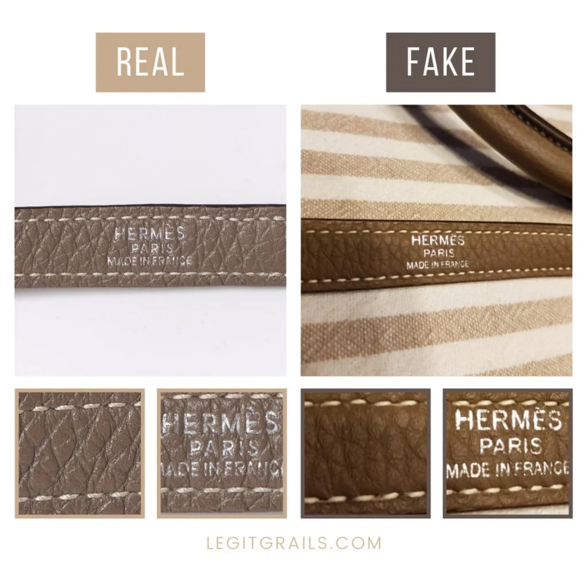 Perbandingan handle pada tas Kelly asli dan palsu (Sumber foto: legitgrails.com)