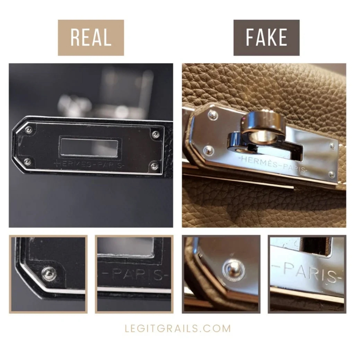 Perbandingan metal plate tas Kelly asli dan palsu (Sumber foto: legitgrails.com)