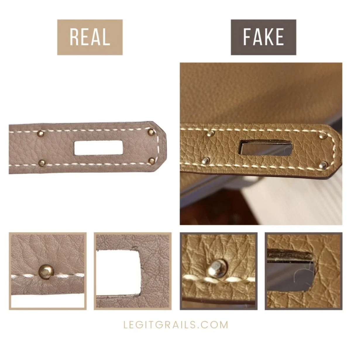 Perbandingan strap tas Kelly asli dan palsu (Sumber foto: legitgrails.com)