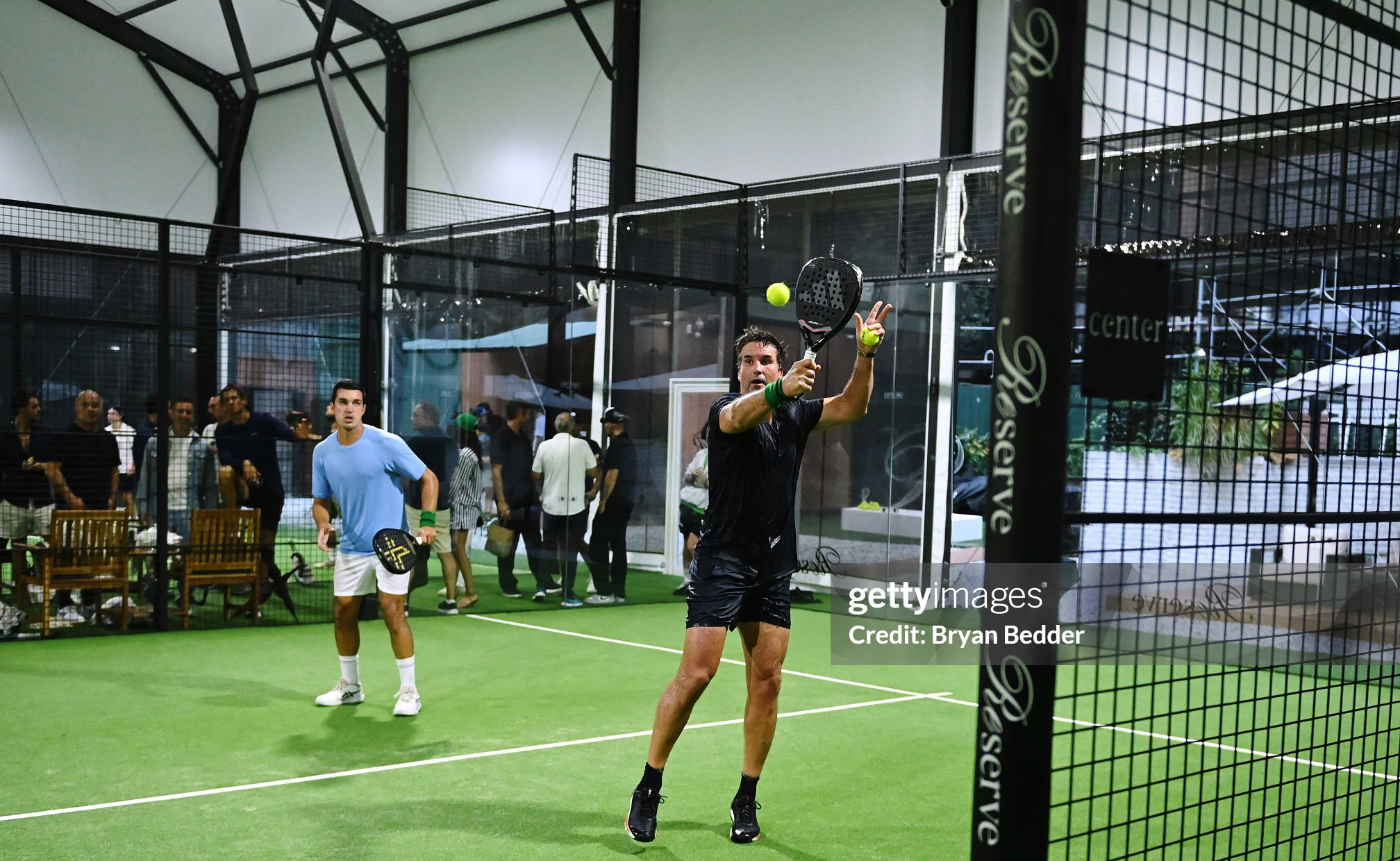 NEW YORK, NEW YORK - SEPTEMBER 06: Padel player, Jose Carlos Gaspar and Tennis player, Patrick Rafter play during the Reserve Padel Exhibition Match at Reserve Padel NYC on September 06, 2025 in New York City. (Photo by Bryan Bedder/Getty Images for Reserve)