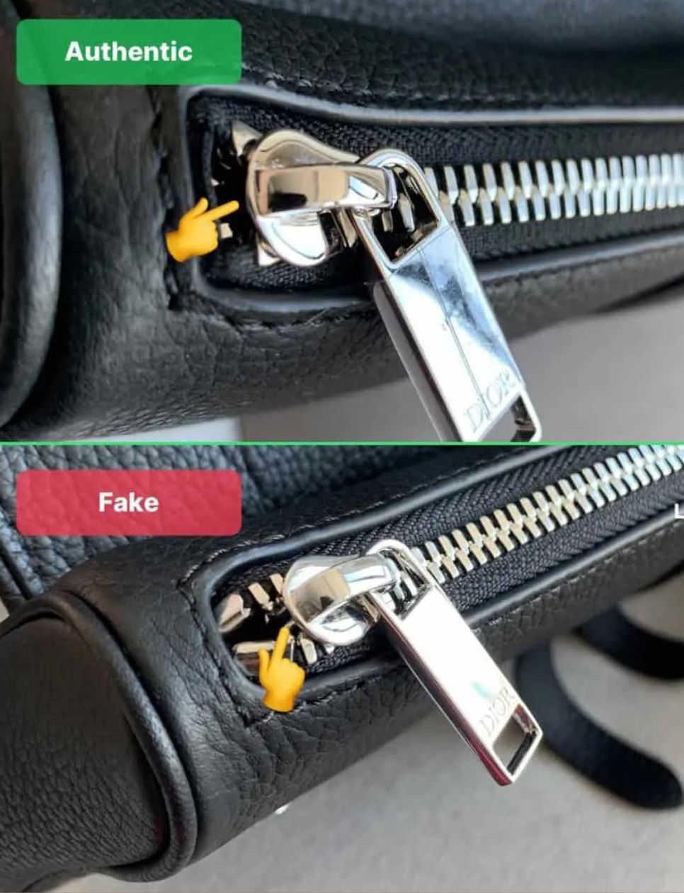 Perbedaan zipper Dior asli dan palsu (sumber gambar: https://legitcheck.app/guides/dior/real-vs-fake-dior-saddle/)