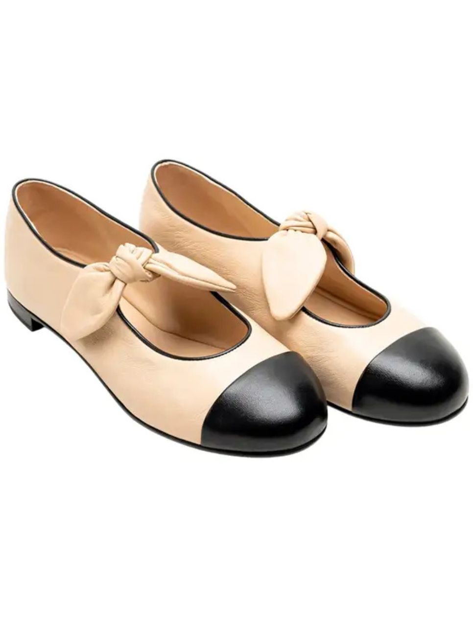 15. Chanel Mary Janes Flat Shoes with Bow Lambskin Leather Beige Black
