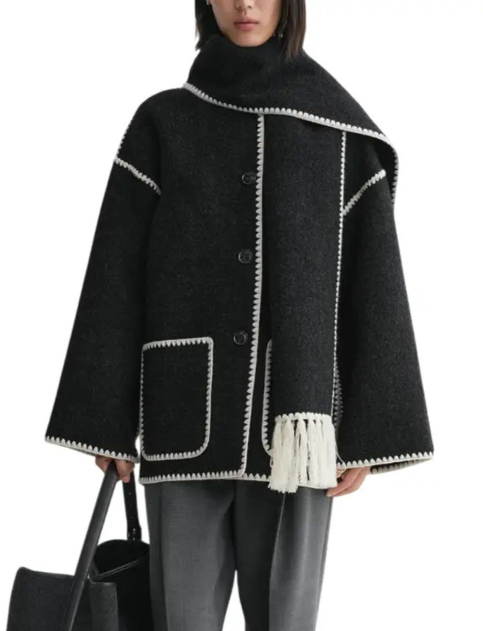 8. Toteme Embroidered Wool Scarf Jacket Dark Grey Melange