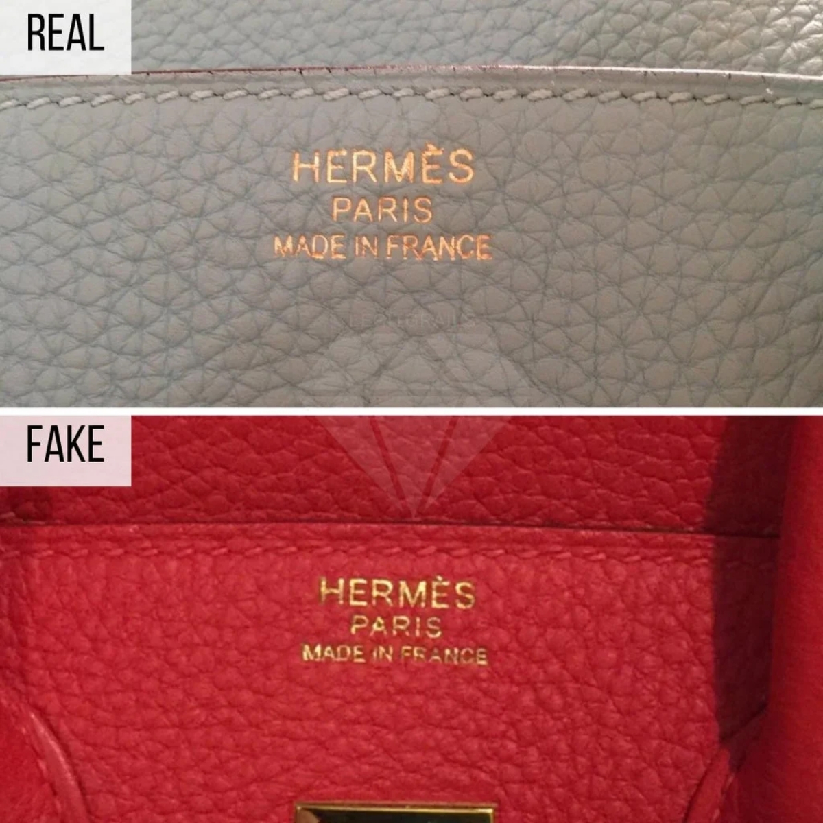 Signature stamp pada tas Birkin asli dan palsu kualitas rendah (Sumber foto: legitgrails.com)