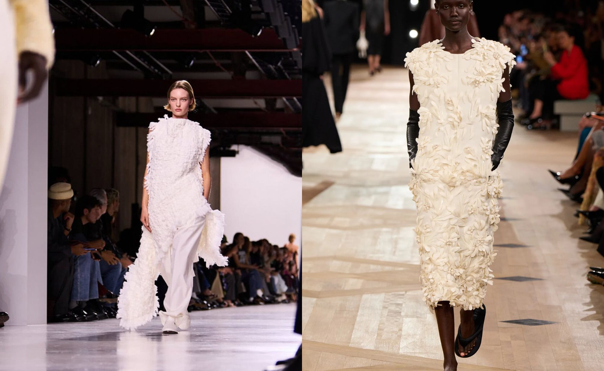 Balenciaga dan Bottega Veneta dengan warna cloud dancer (sumber gambar: https://www.vogue.co.uk/article/key-colour-trends-2026 dan https://theimpression.com/bottega-veneta-spring-2026-fashion-show-review/)