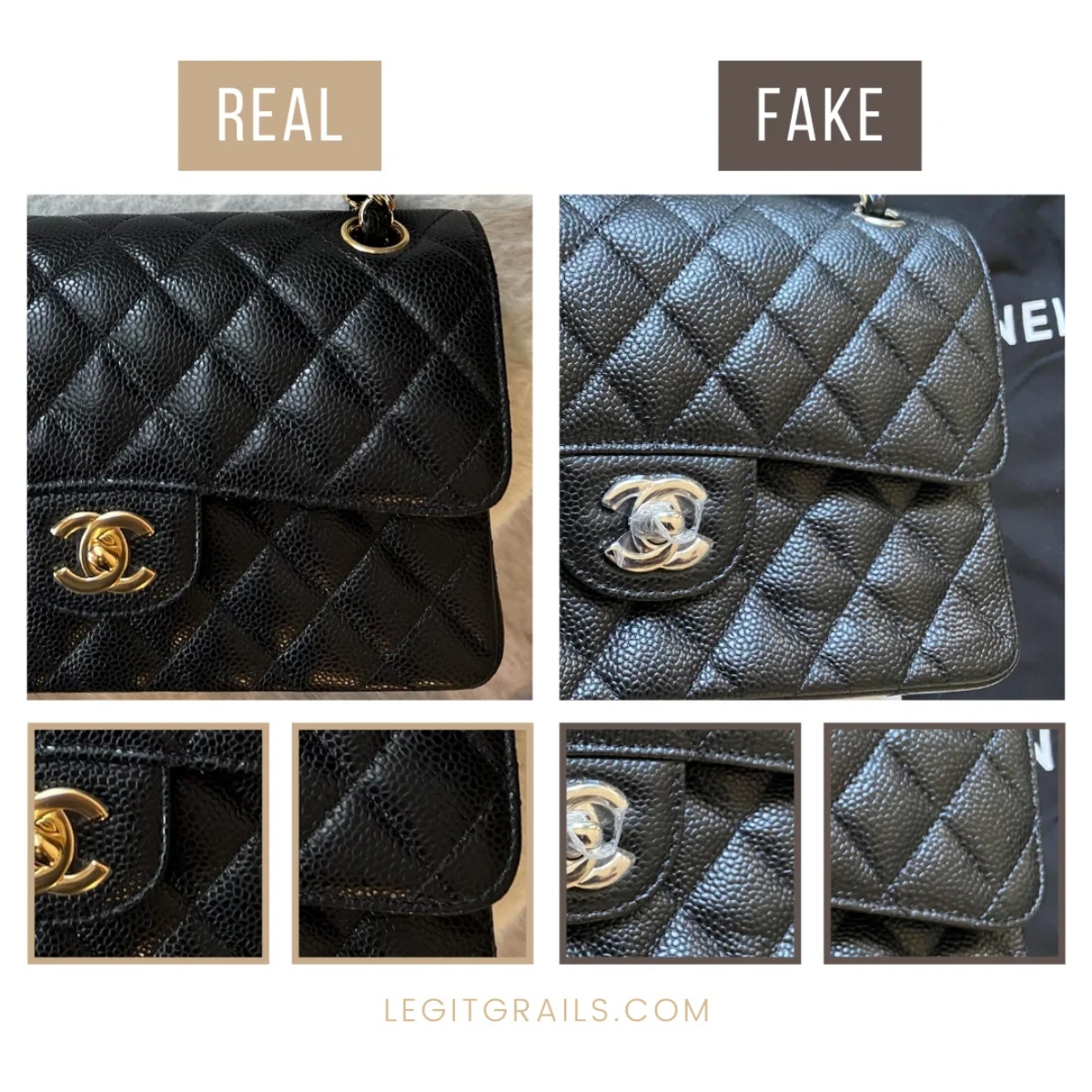 Tampilan tas Chanel Classic asli vs palsu (Sumber foto: legitgrails.com/)