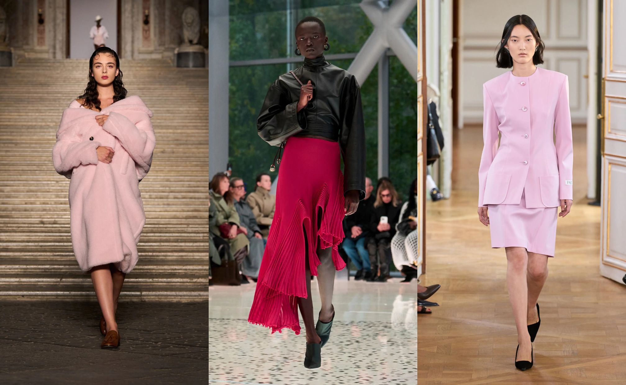 Beberapa warna pink yang akan hype tahun ini (sumber gambar: https://www.vogue.co.uk/article/key-colour-trends-2026, https://www.vogue.com/fashion-shows/resort-2026/max-mara/slideshow/collection, vogue.com/fashion-shows/spring-2026-ready-to-wear/patou/slideshow/collection)