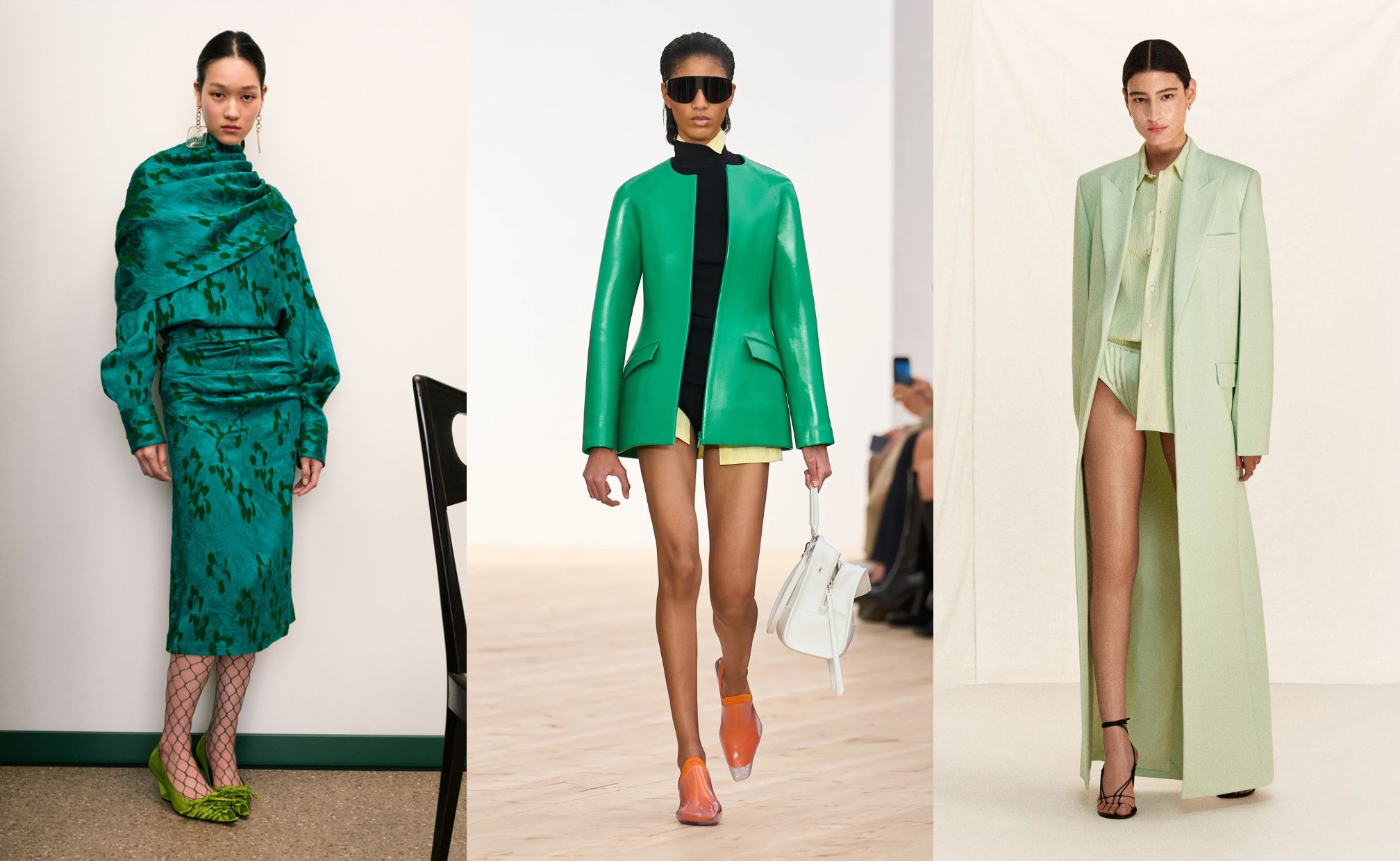 Warna hijau yang menjadi pusat tren warna (sumber gambar: https://www.vogue.co.uk/article/key-colour-trends-2026, https://toryburch.co.id/preview-resort-2026/, https://www.vogue.com/fashion-shows/resort-2026/victoria-beckham/slideshow/collection#1)