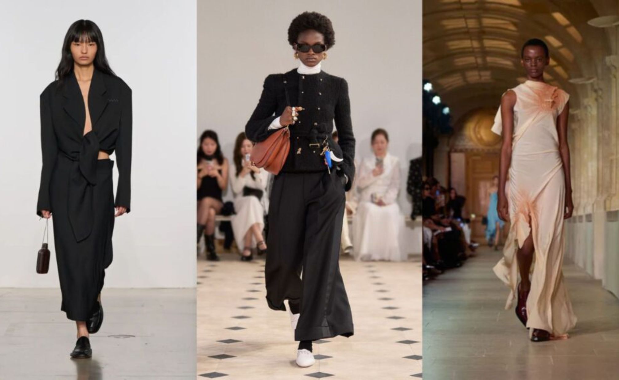 Koleksi sepatu dengan gaya preppy dari Celine, Calvin Klein, dan Victoria Beckham (sumber gambar: https://www.celine.com/en-int/cm/runway-looks-s26, https://www.calvinklein.co.uk/calvin-klein-spring-26-collection, dan https://www.victoriabeckham.com/pages/spring-summer-2026)