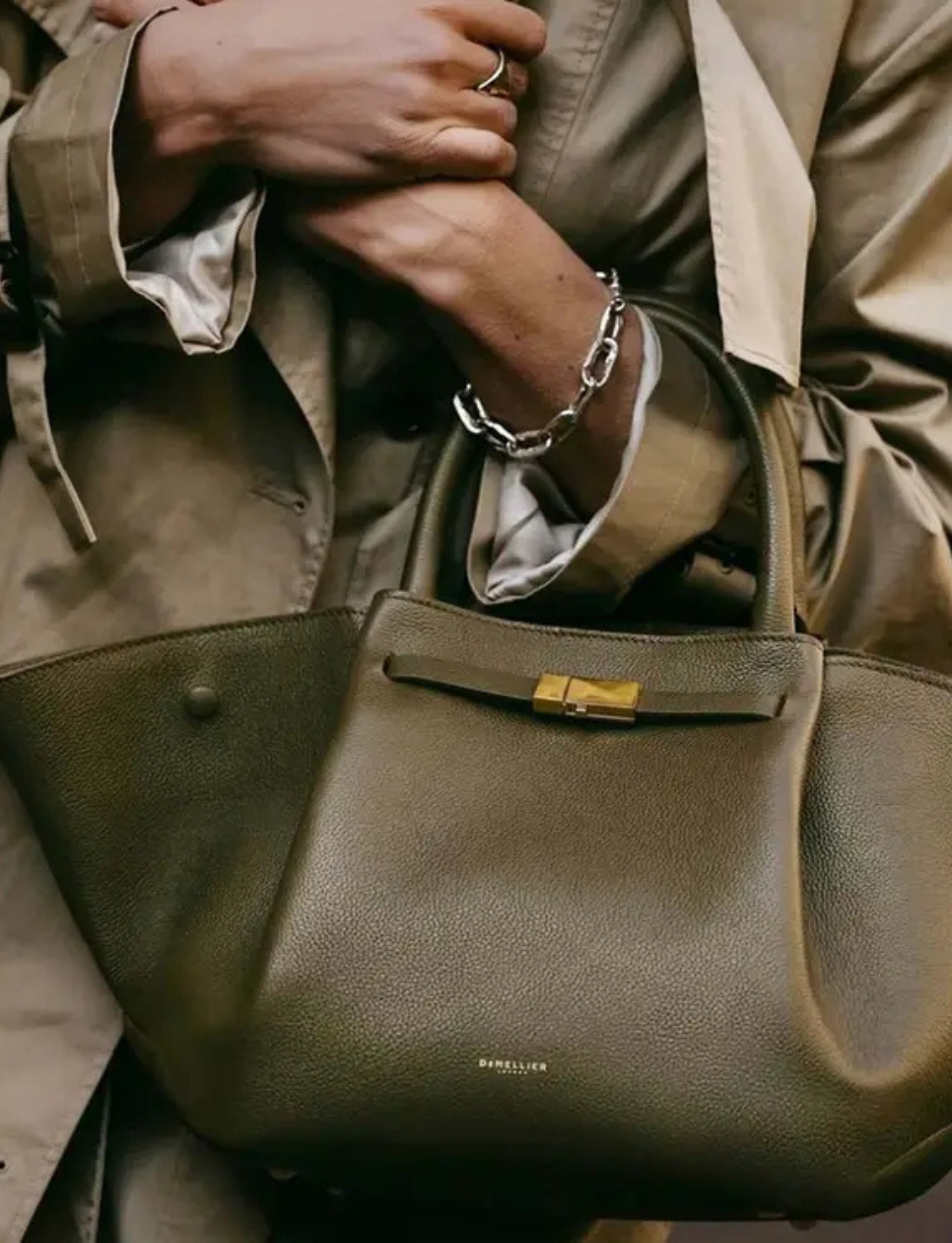 5. DeMellier The Midi New York Tote Bag Deep Olive Grained