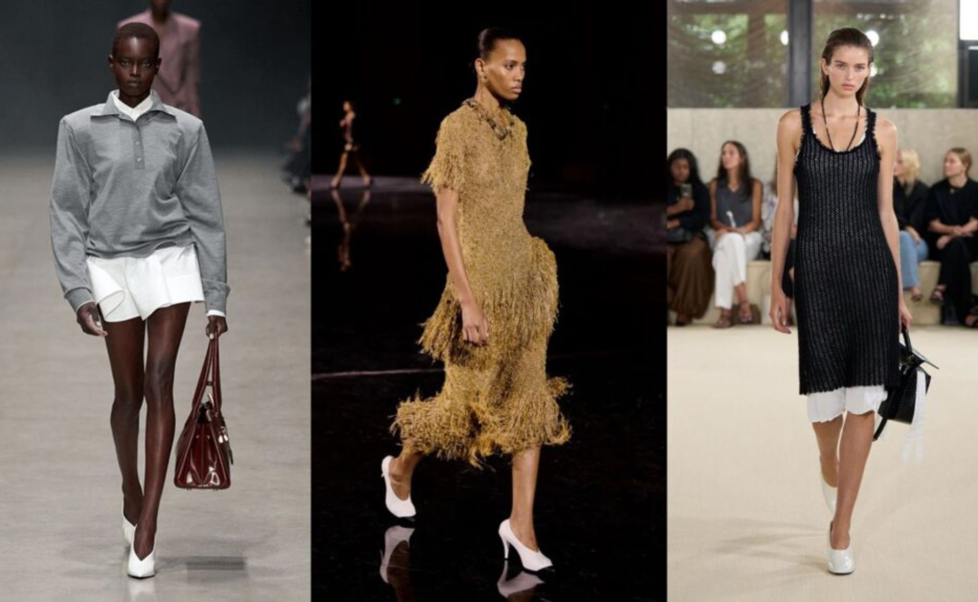 Koleksi high vamp heels dari Stella McCartney, Toteme, dan Chanel (sumber gambar: https://hypebeast.com/2025/10/stella-mccartney-spring-summer-2026-paris-fashion-week-womenswear-runway, https://int.toteme.com/pages/spring-summer-26-runway, dan http://chanel.com/id/fashion/p/26S-PODIUM-043/look-43/)