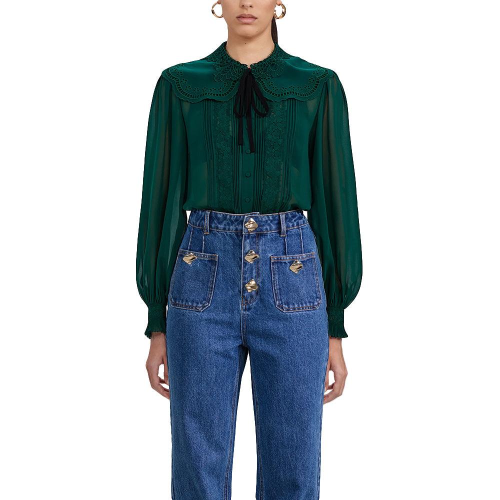 Self Portrait - Broderie Collar Chiffon Blouse Dark Green