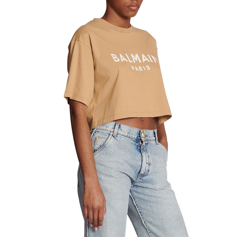 Balmain - Logo Print Cropped T-Shirt Brown White