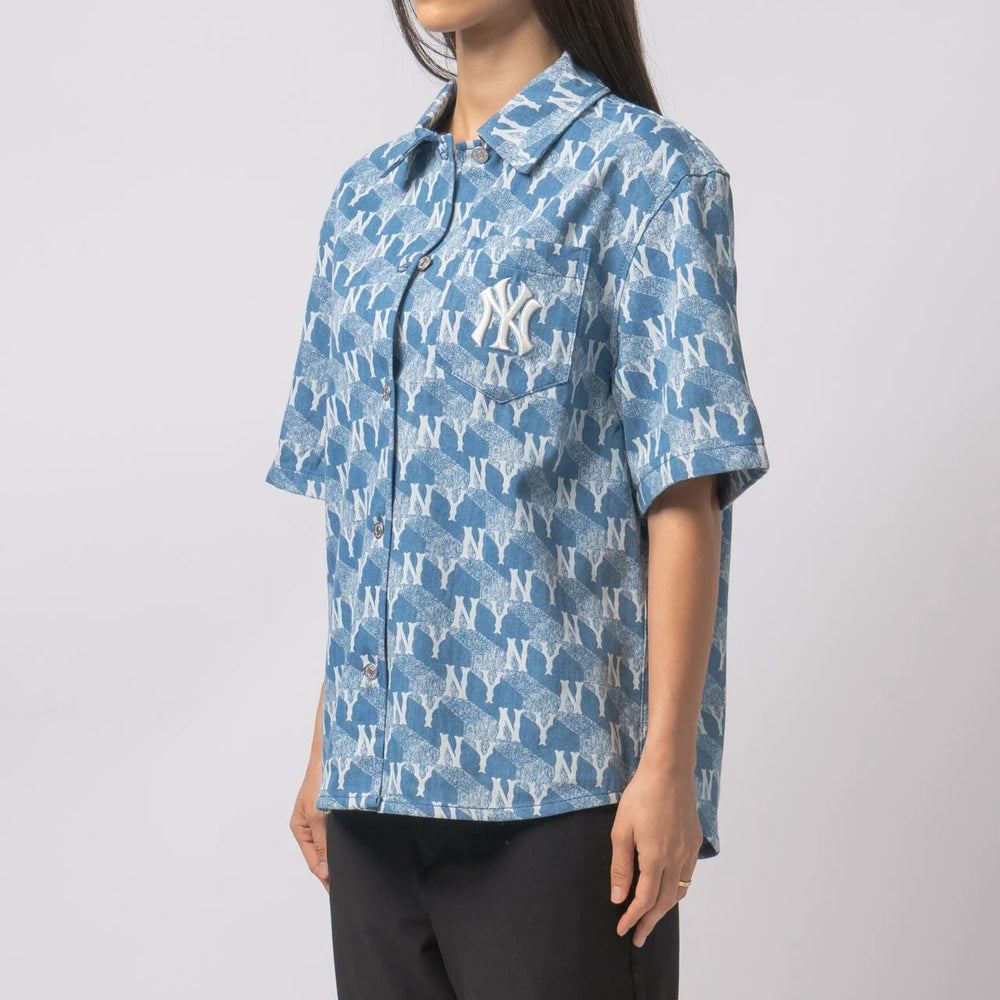 MLB Cube Monogram Print Denim Short Sleeve Shirt New York Yankees