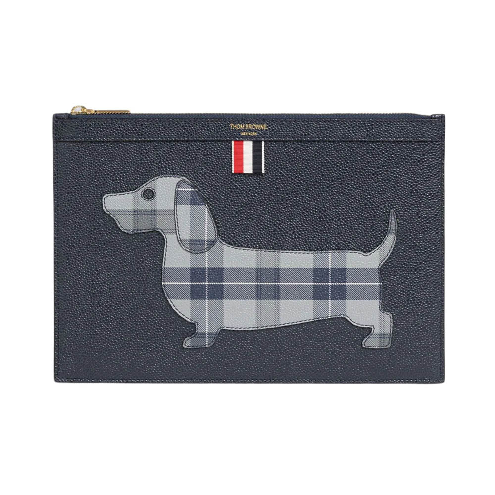 Thom Browne Tartan Hector Clutch Small Pebble Grained Leather Navy