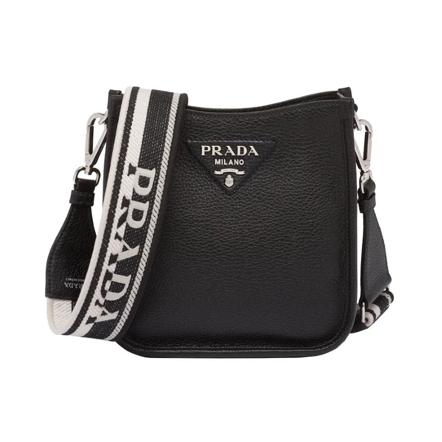 Leather Mini Shoulder Bag with Nylon Logo Strap Black