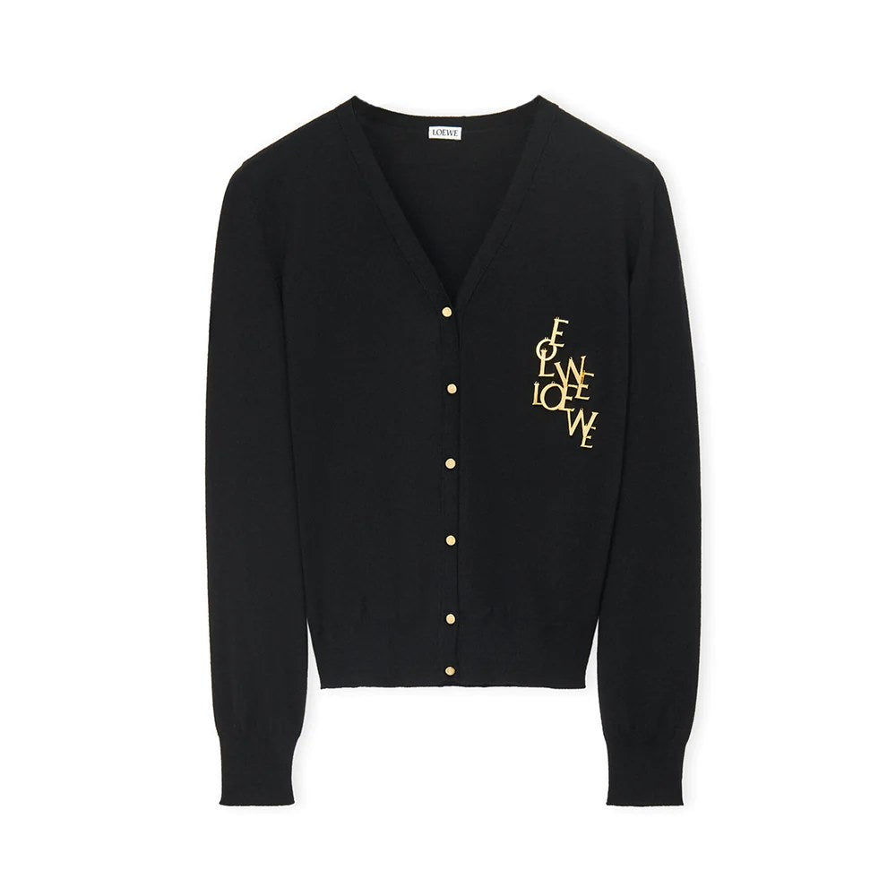 Loewe Lettering Logo Charm Button Cardigan Wool Black Gold