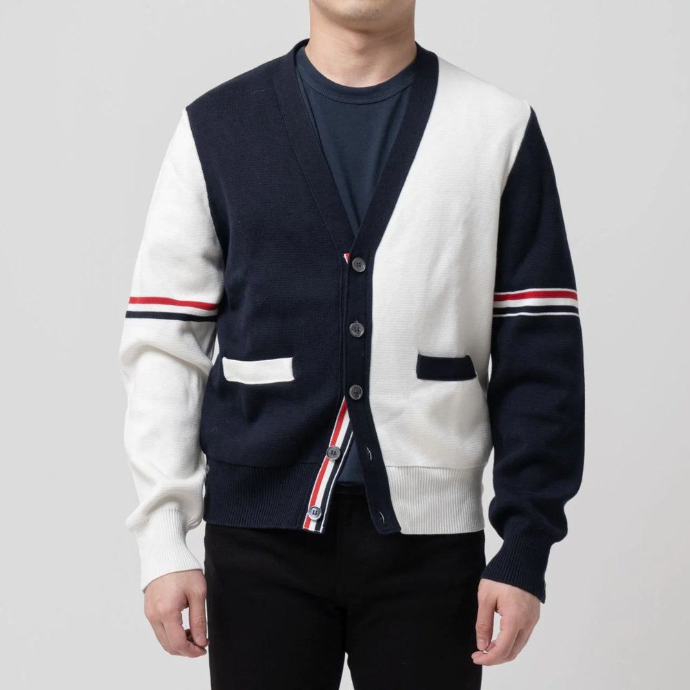 Thom Browne Color Block V-Neck Button Cardigan Navy White