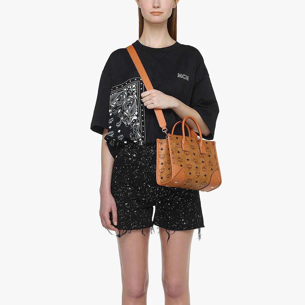 MCM Small München Tote in Visetos Cognac