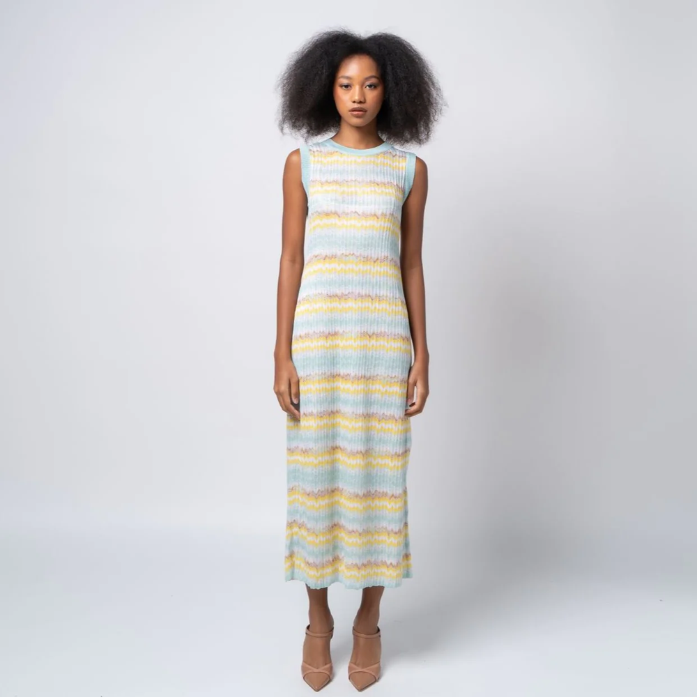 Missoni Zigzag Crochet Knit Sleeveless Dress Yellow Blue
