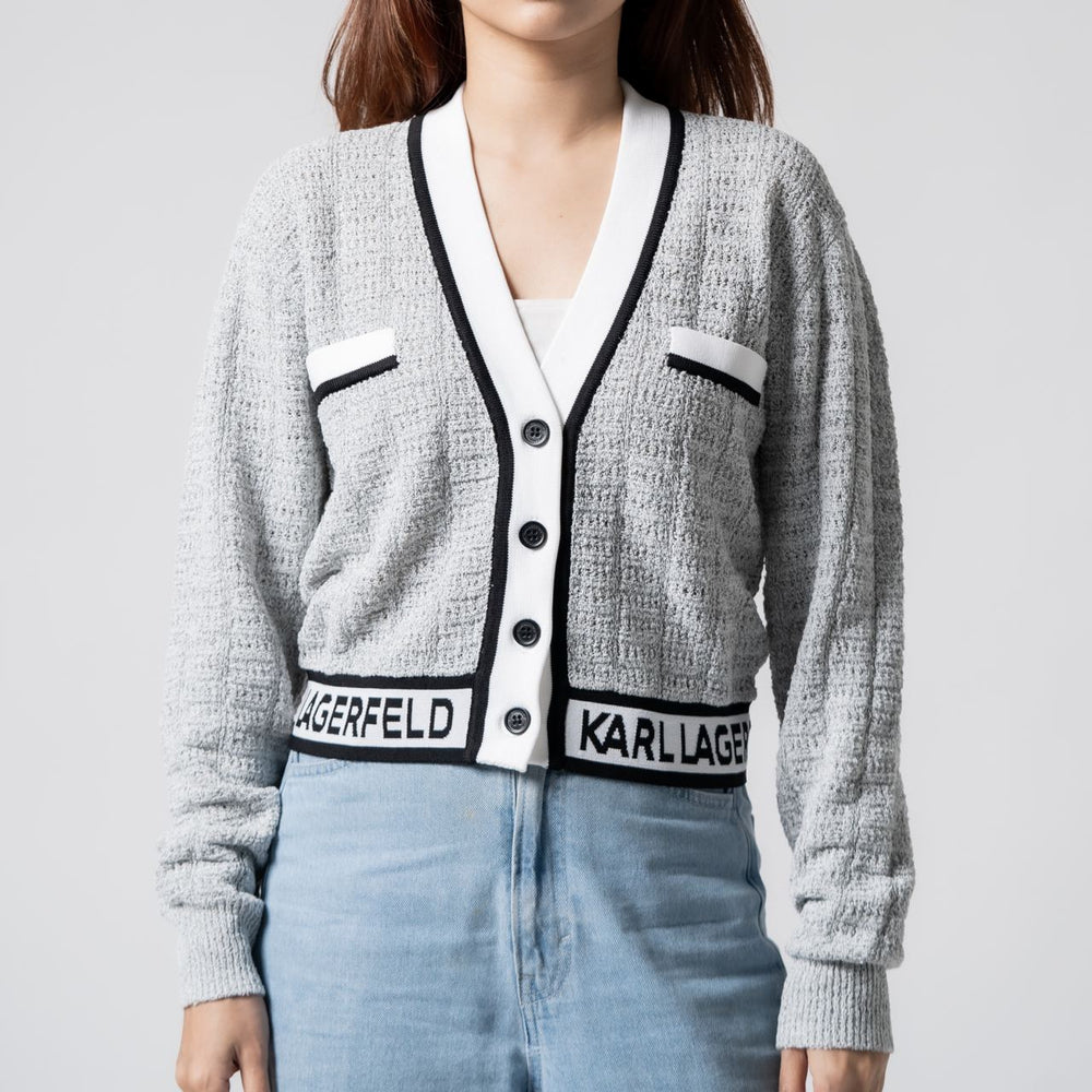 Karl Lagerfeld Logo Boucle Cropped Cardigan White/Black