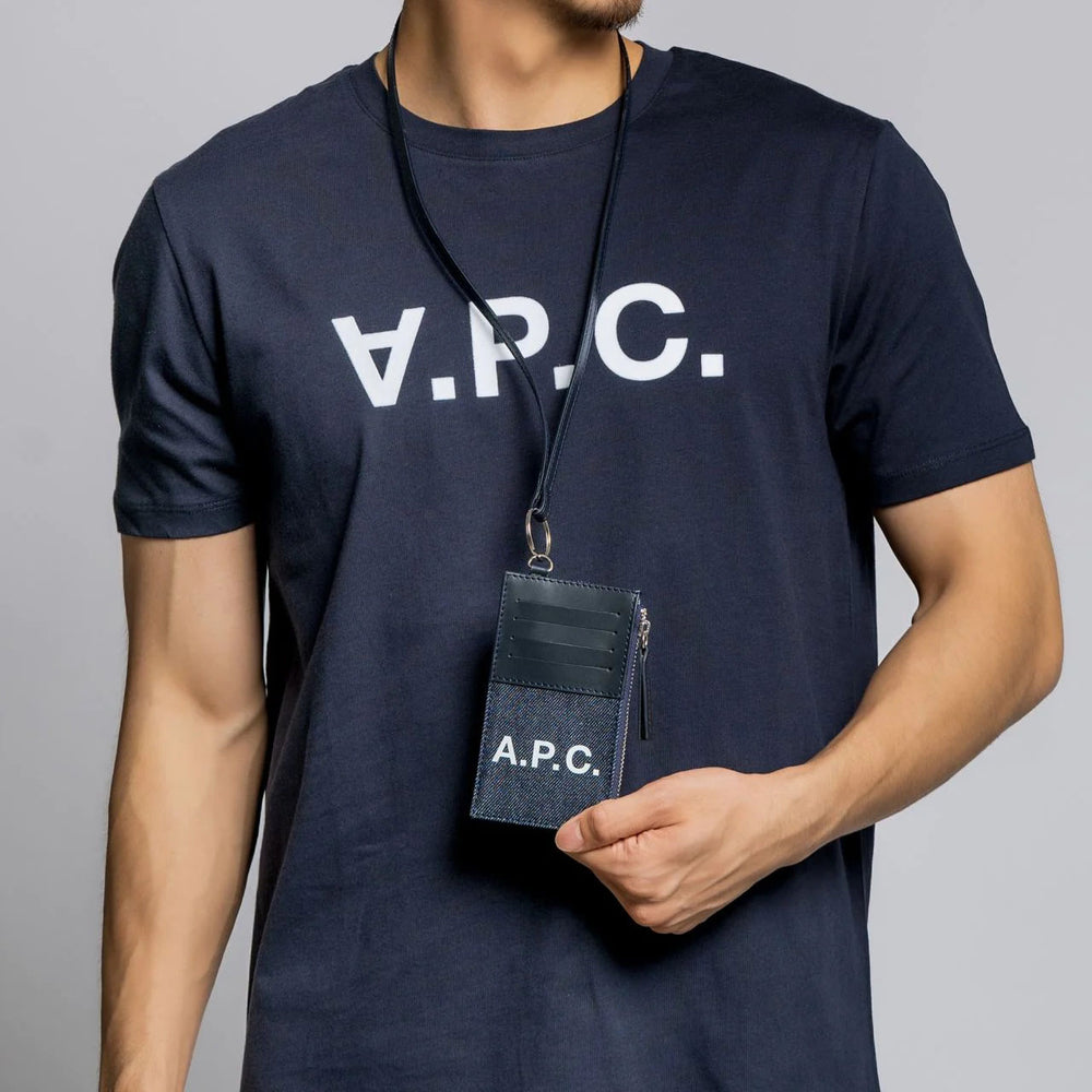 A.P.C Axelle Card Holder with Strap Denim Leather Navy Black