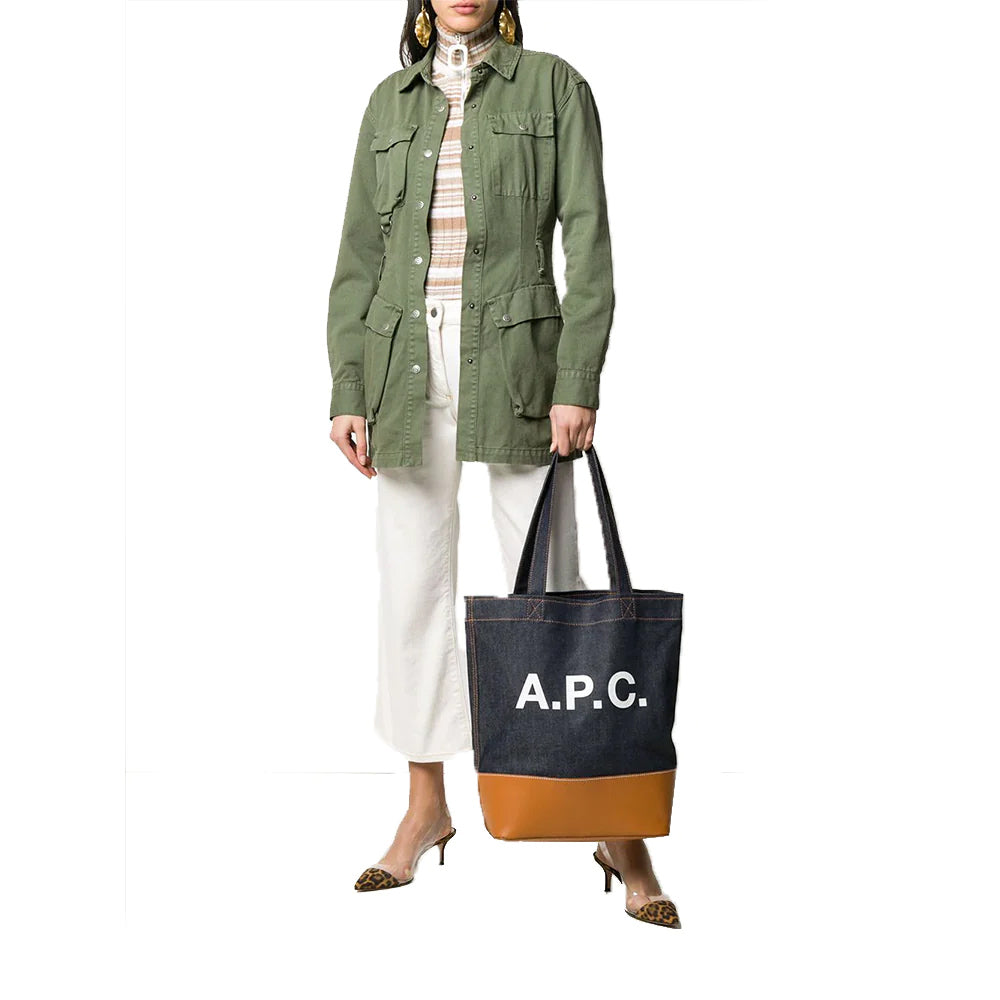 A.P.C. Axel Denim Leather Tote Bag Navy Brown