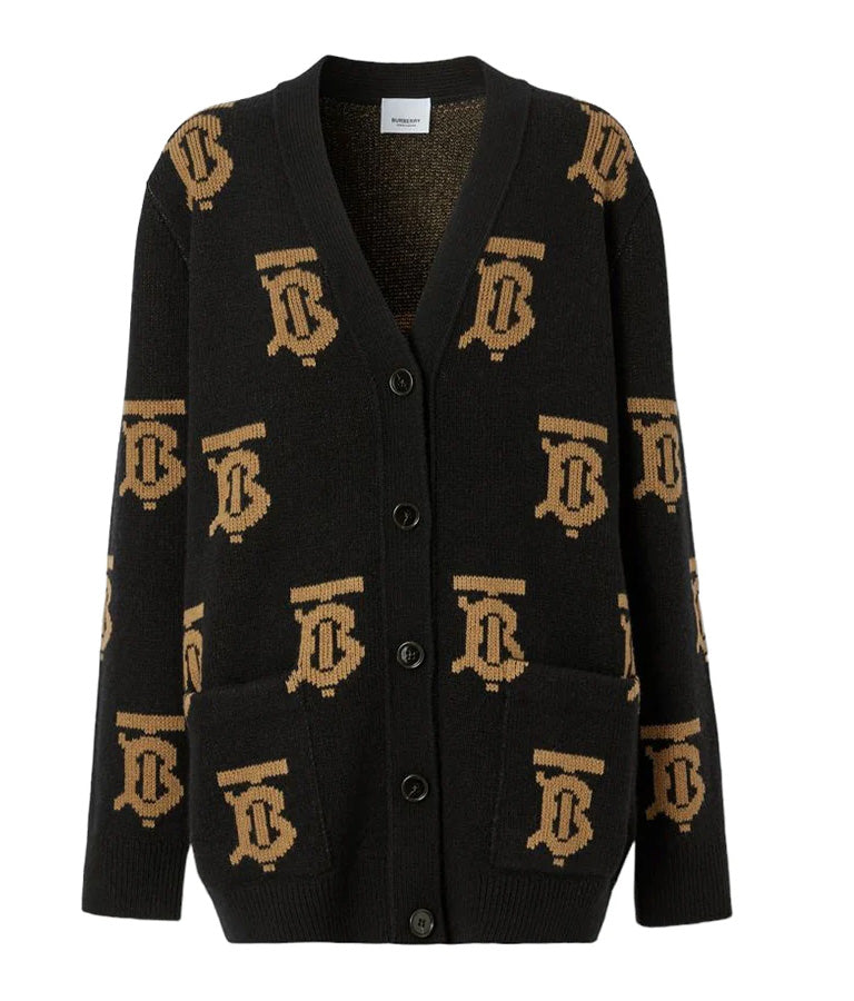 Burberry Monogram Motif Wool Jacquard Cardigan Black