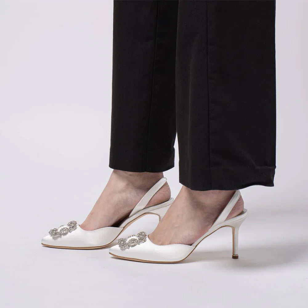 Manolo Blahnik Hangisli 70 Satin Slingback Heels with CLC Crystal Buckle Mcream