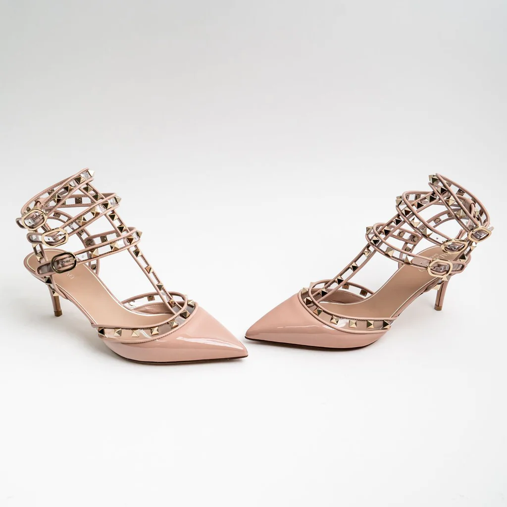 Valentino Garavani Rockstud Ankle Strap Pump Patent Leather Pink Transparent 