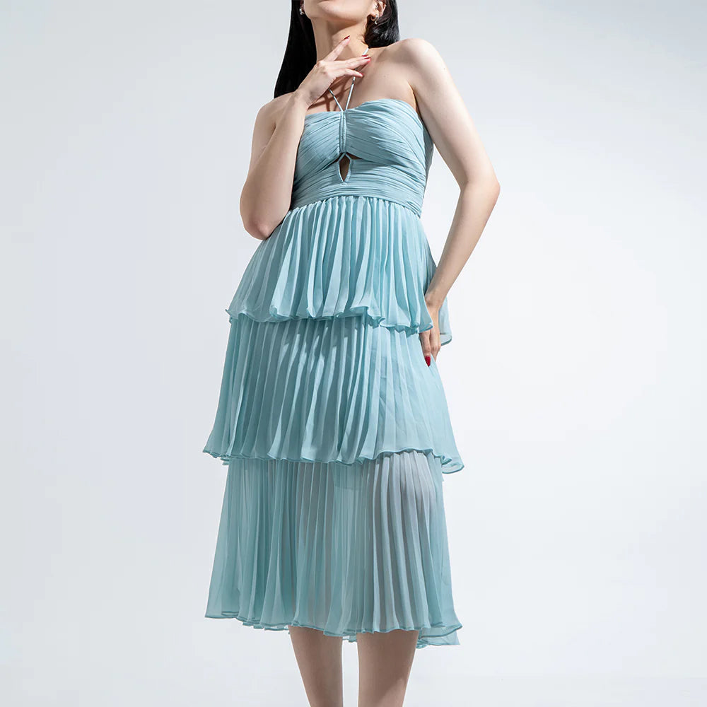 Self Portrait Pleated Chiffon Cut Out Midi Dress Light Blue