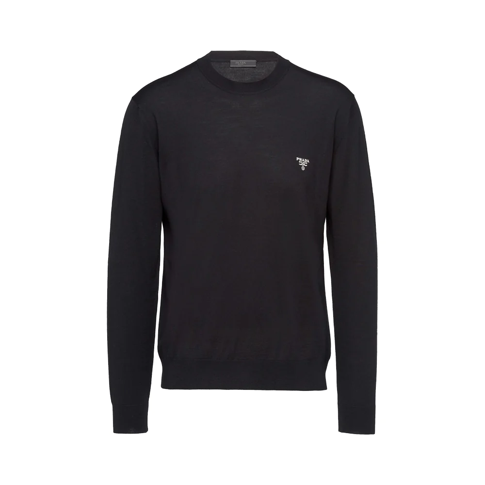 Prada Logo Embroidered Superfine Wool Sweater Black