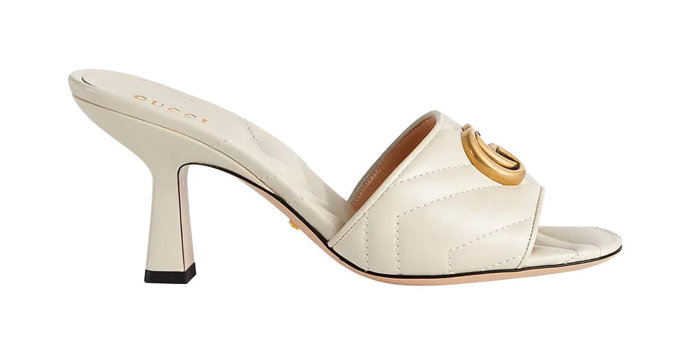 Gucci GG Buckle Sandals Heels Leather White 